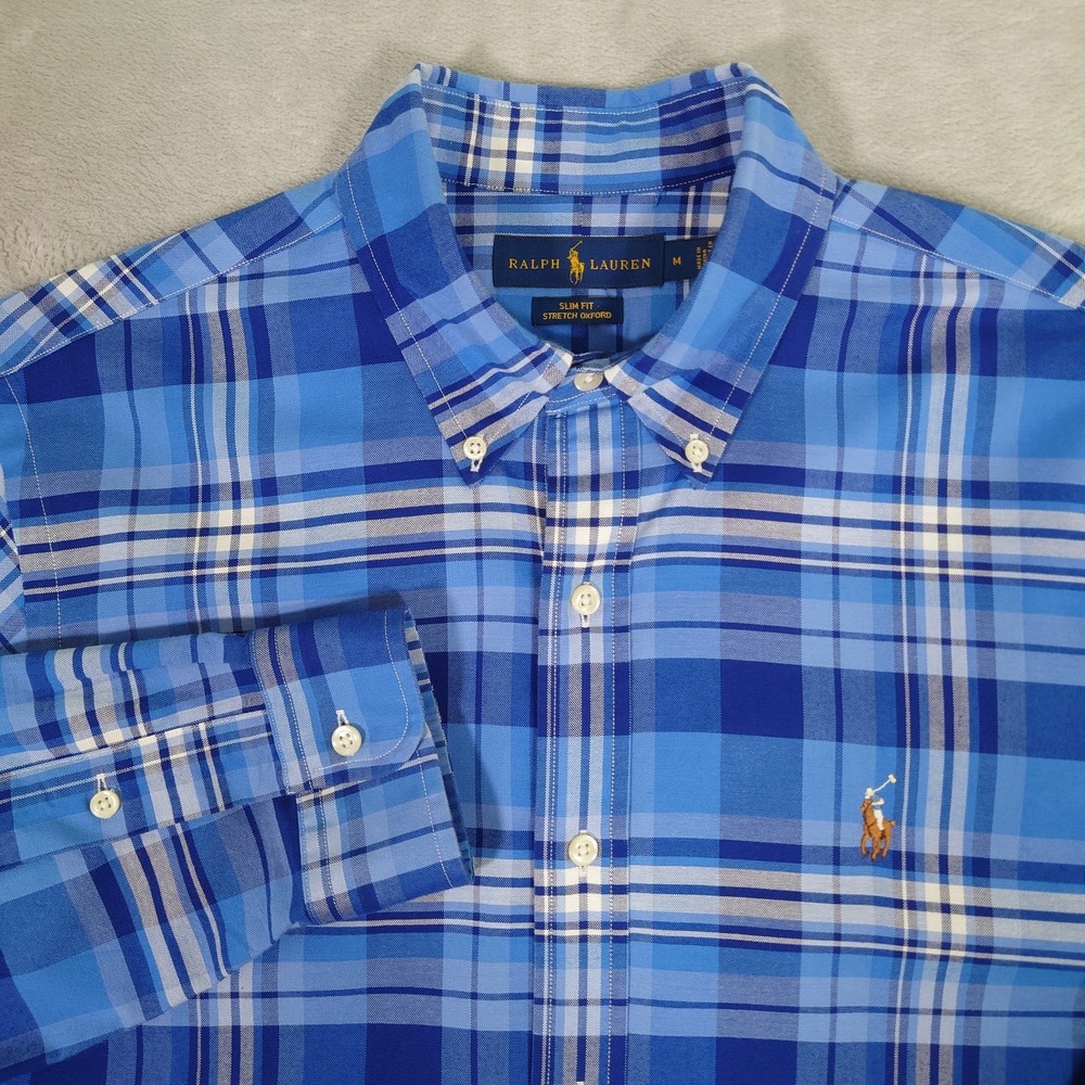 Polo Ralph Lauren Oxford Stretch Slim Fit Shirt Mens Medium Blue Plaid Pony